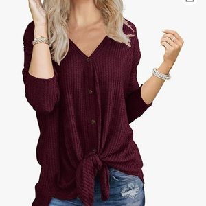 IWOLLENCE Women's Waffle Knit Tunic Blouse Tie Knot Henley Top